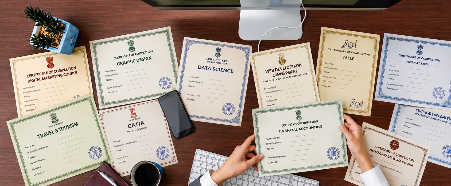Certificates of completion laid out on a desk